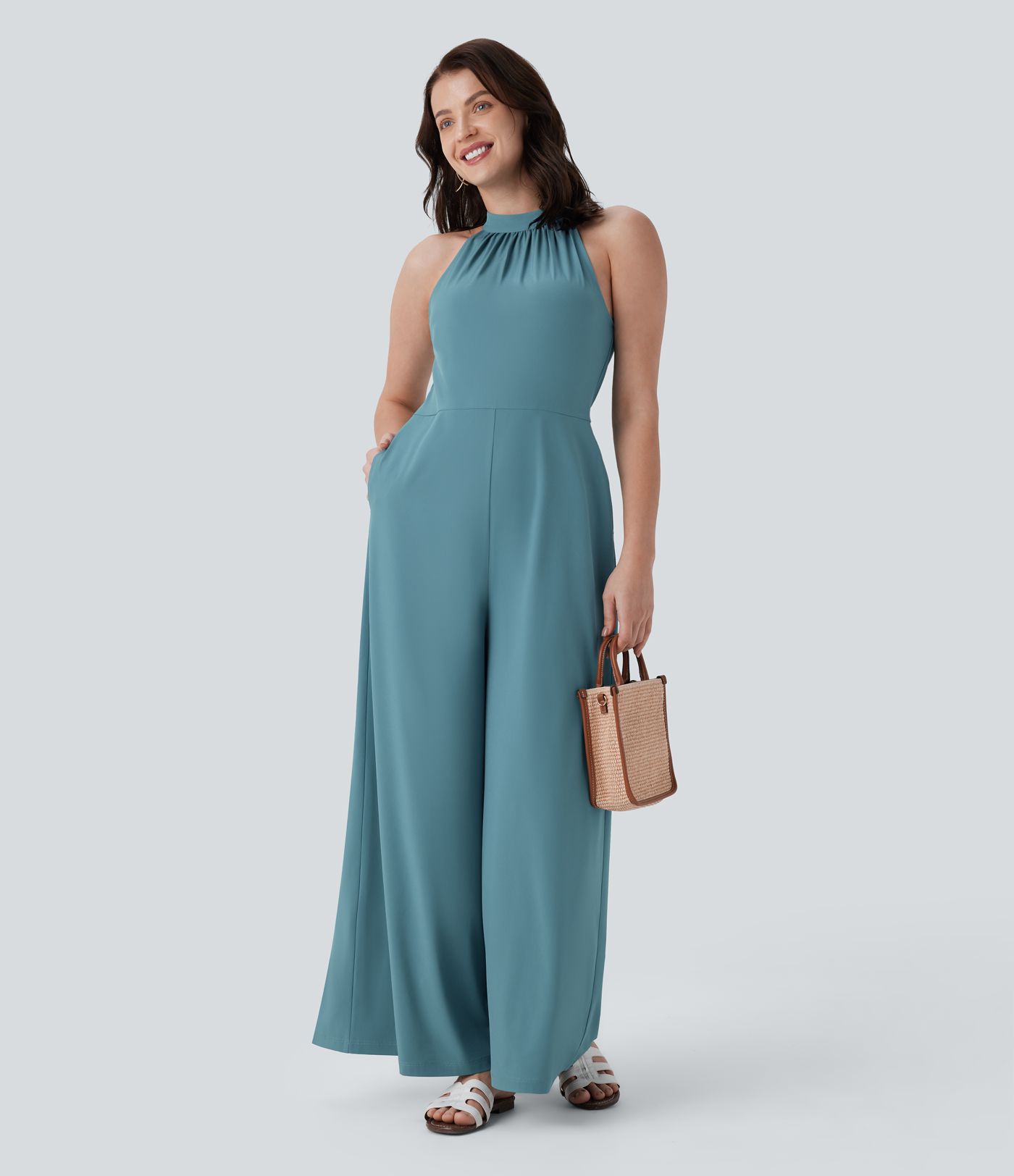 Mono Breezeful™ Halter resort holgado secado rápido pierna ancha bolsillo lateral cierre invisible cuello