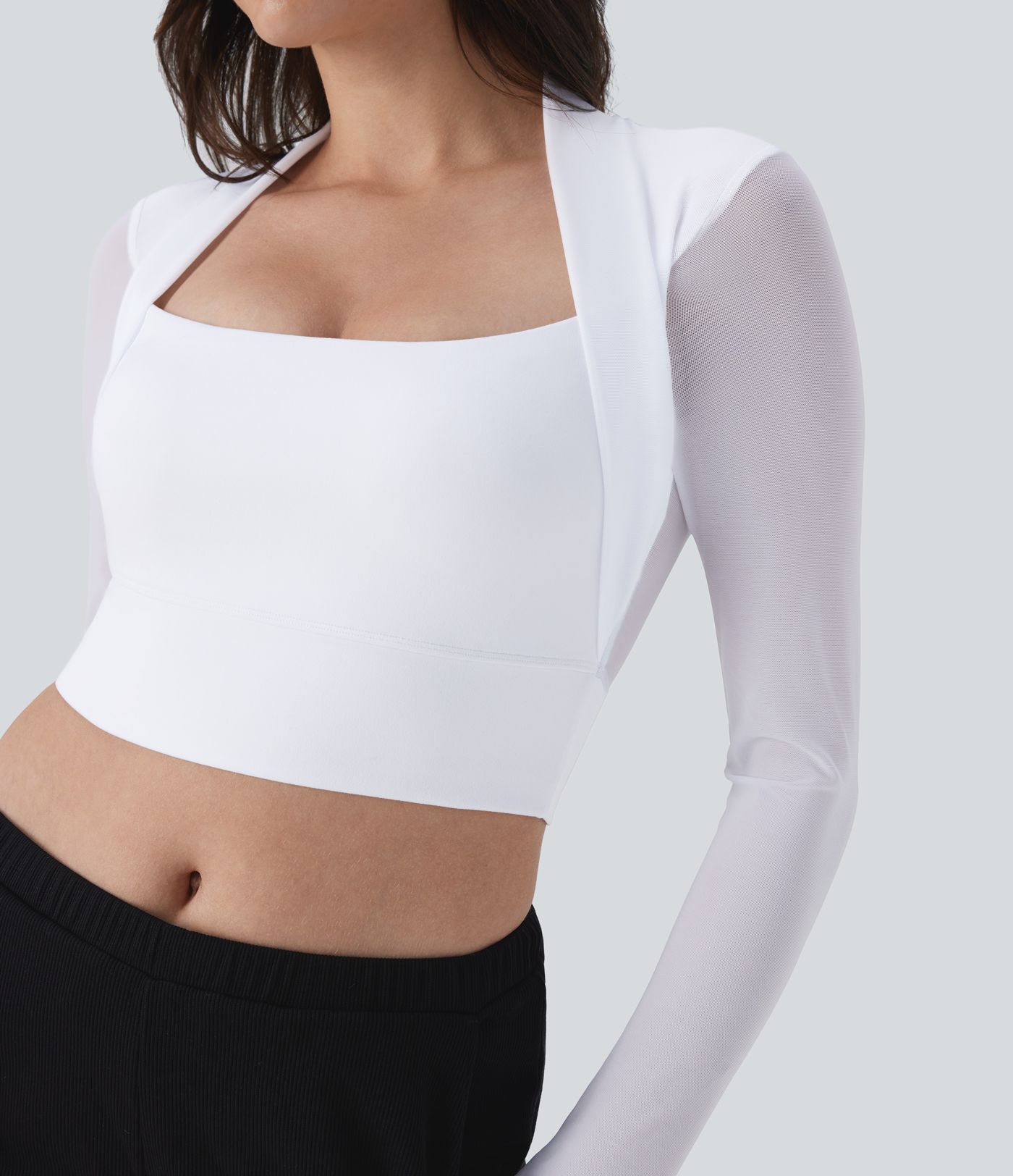 Top ajustado 2 en 1 abertura pulgar manga larga malla contrastante