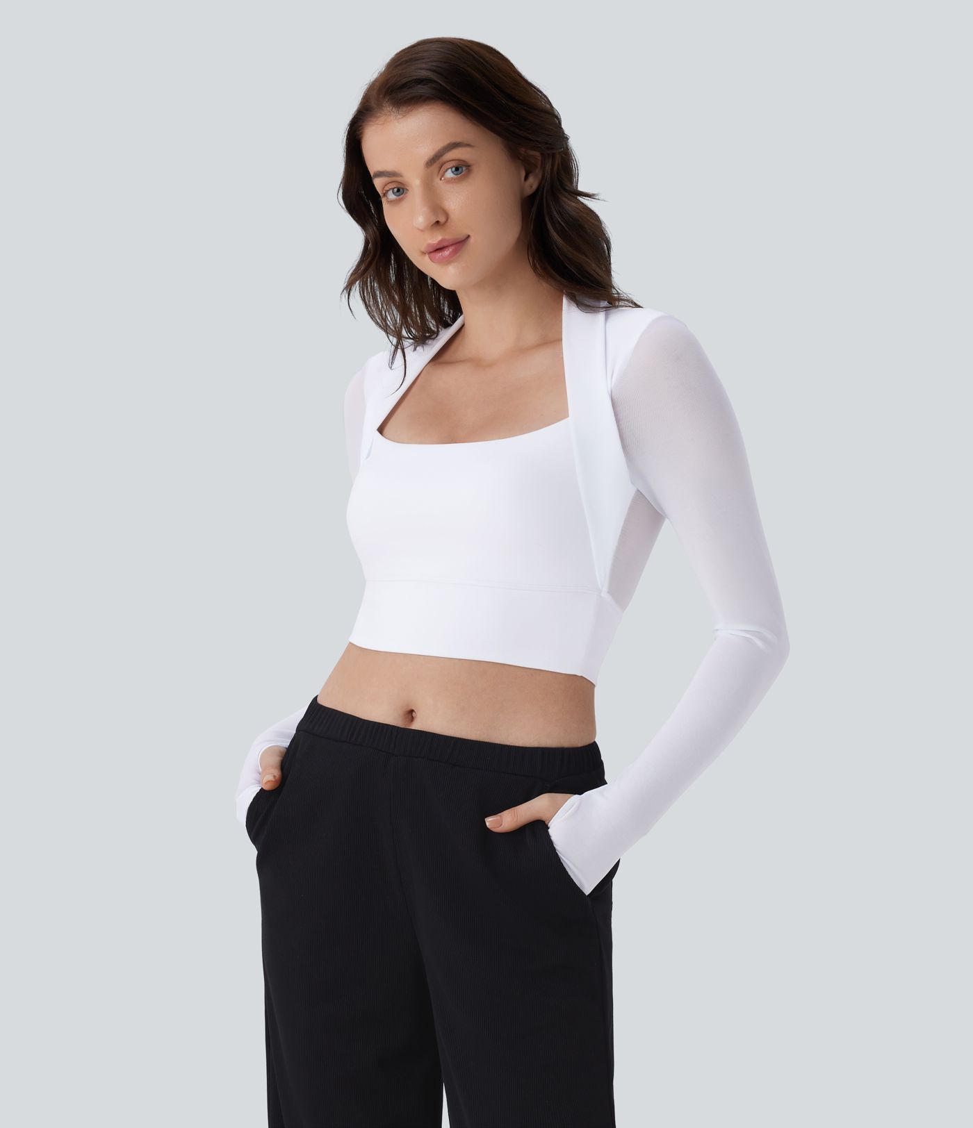 Top ajustado 2 en 1 abertura pulgar manga larga malla contrastante