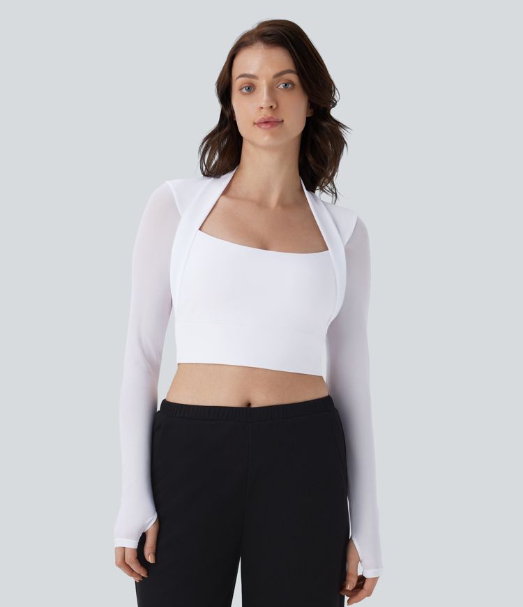 Contrast Mesh Long Sleeve Thumb Hole 2-in-1 Skinny Cropped Casual Top