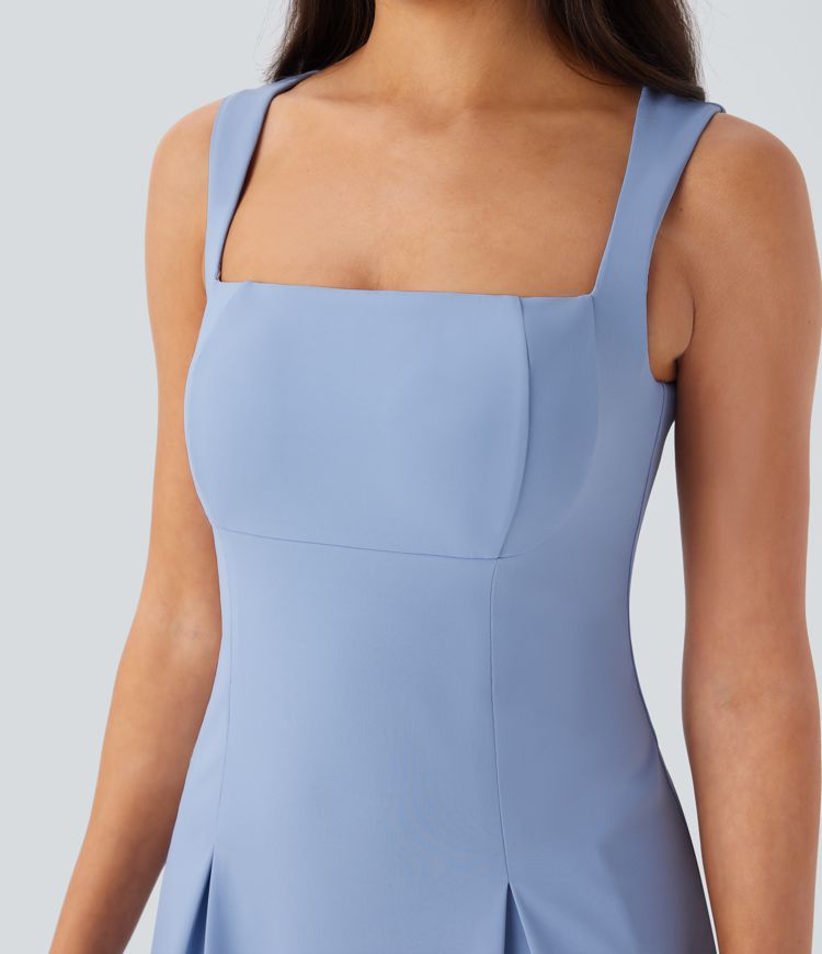 Softlyzero™ QuickDry Robe de padel et loisirs courte sans manches à col carré avec short intégré et poche latérale