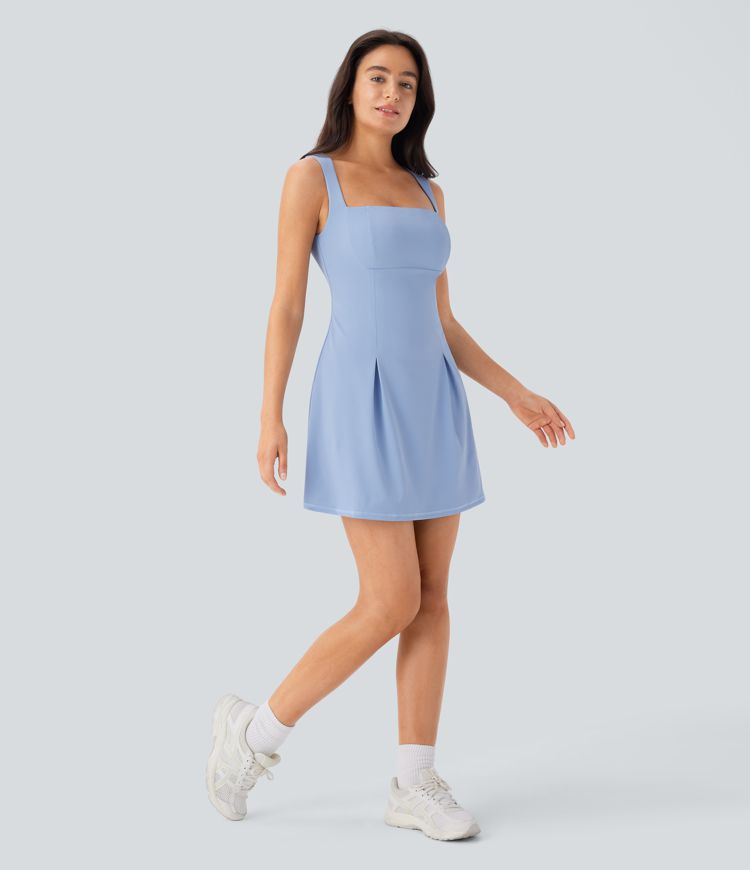 Softlyzero™ QuickDry Robe de padel et loisirs courte sans manches à col carré avec short intégré et poche latérale