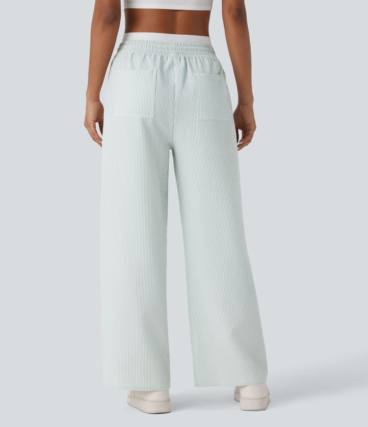Double-layer Mid Rise Drawstring Multiple Pockets Stripe Straight Leg Casual Pants