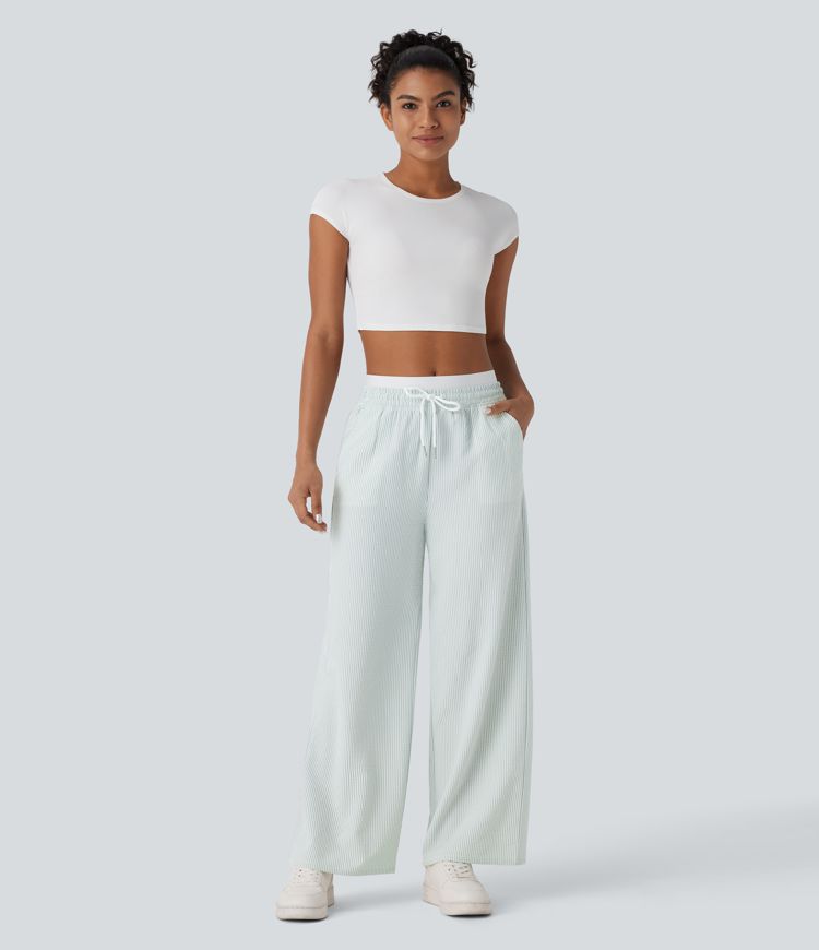 Doppellagige Freizeithose mit mittelhohem Bund, Kordelzug, mehreren Taschen, Streifen und geradem Bein