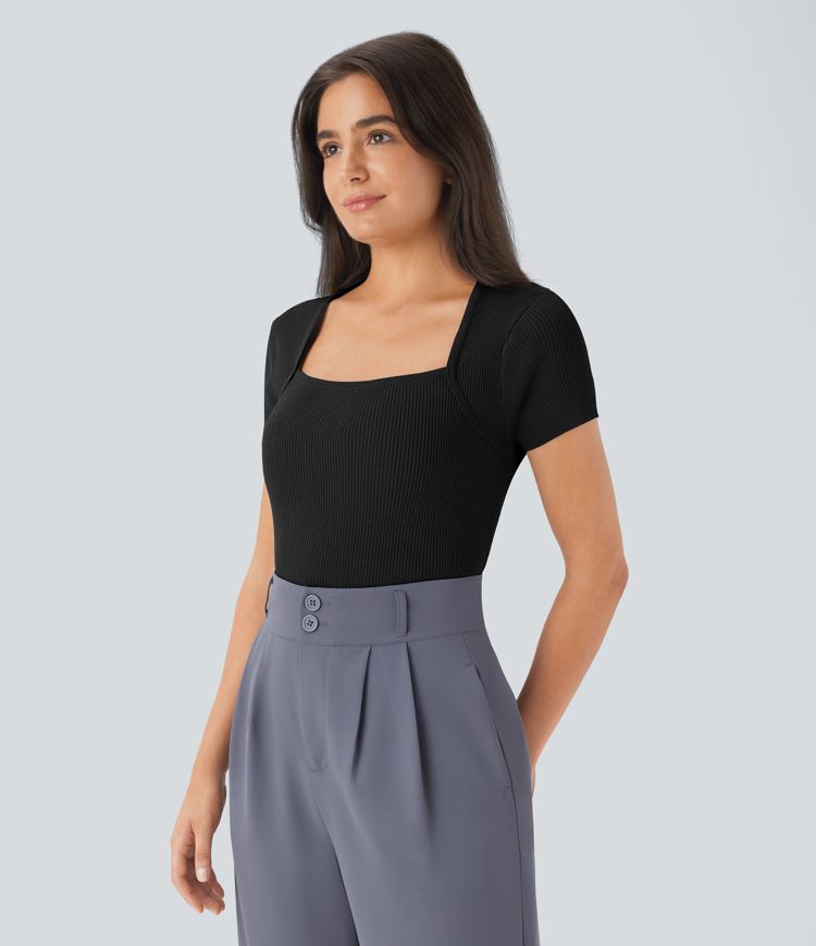 Square Neck Short Sleeve Work Sweater