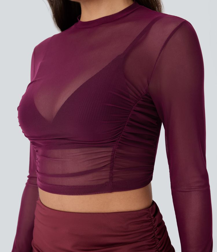 Top fiesta ajustado corto fruncido abertura pulgar manga larga malla transparente