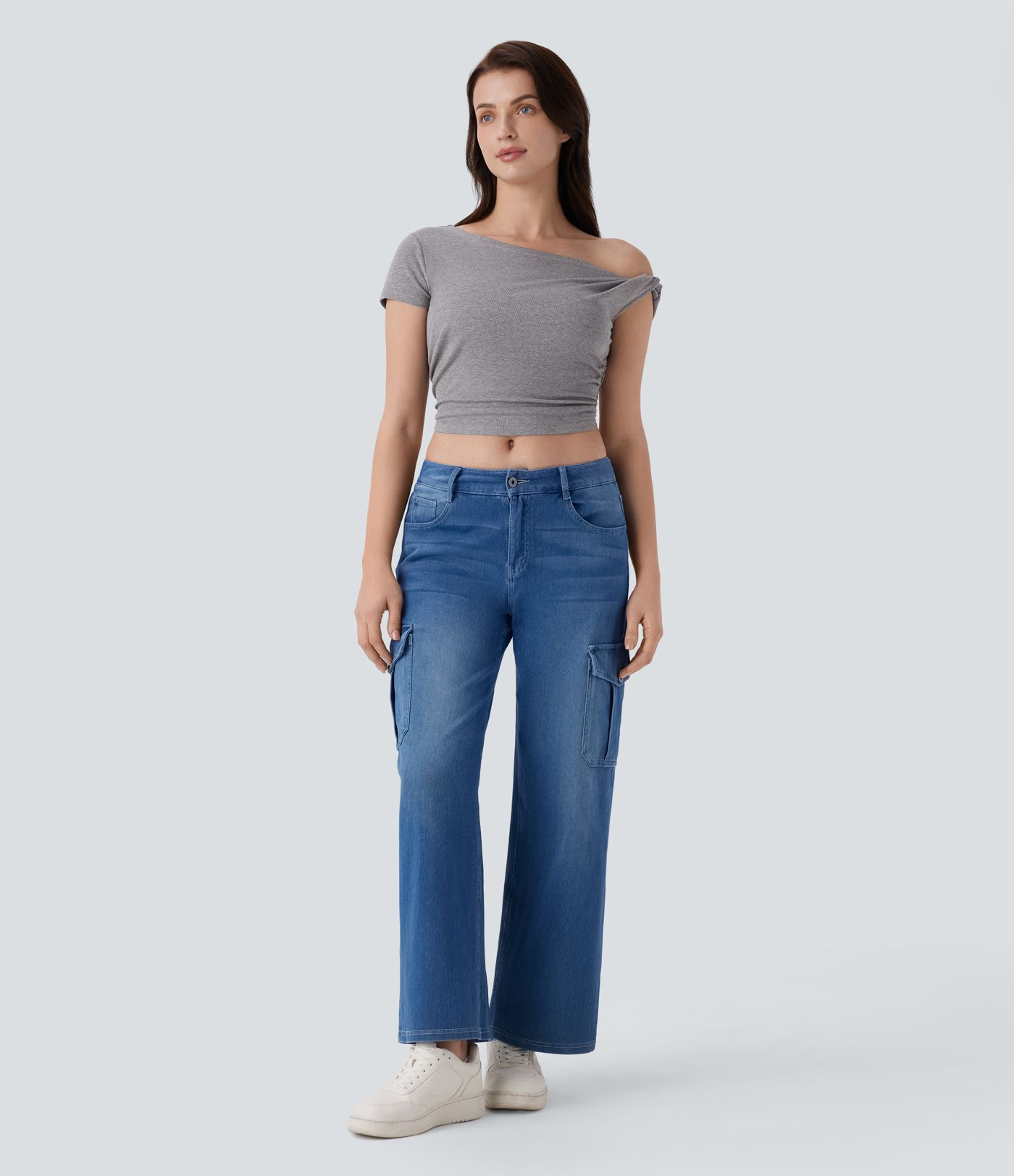 Ribbed Off Shoulder Ruched Cropped Casual Top