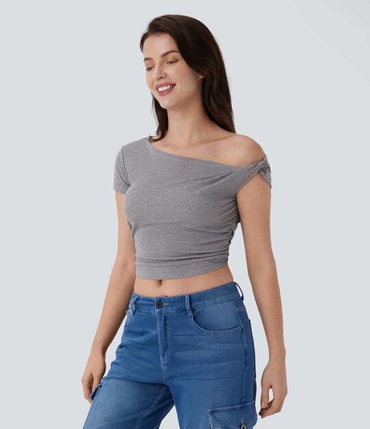 Ribbed Off Shoulder Ruched Cropped Casual Top