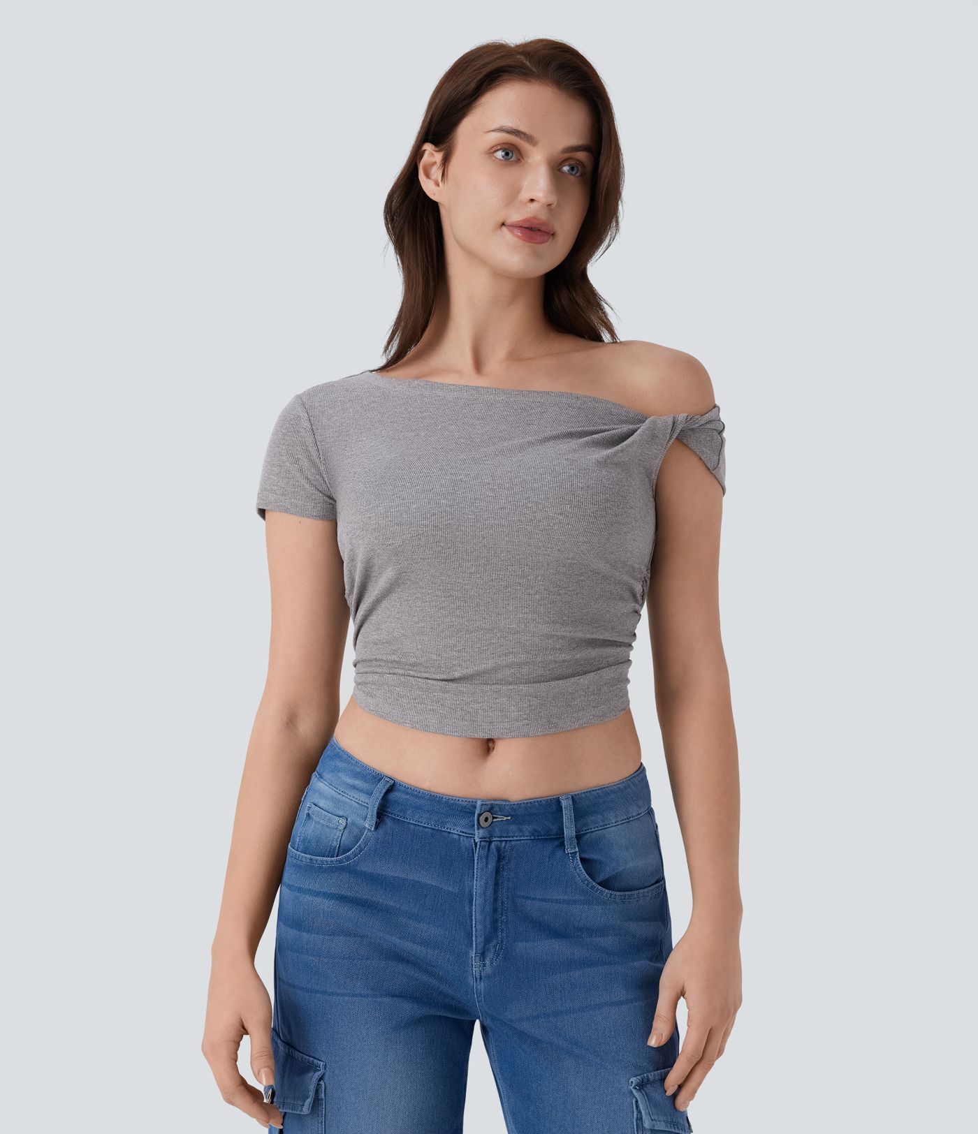 Ribbed Off Shoulder Ruched Cropped Casual Top