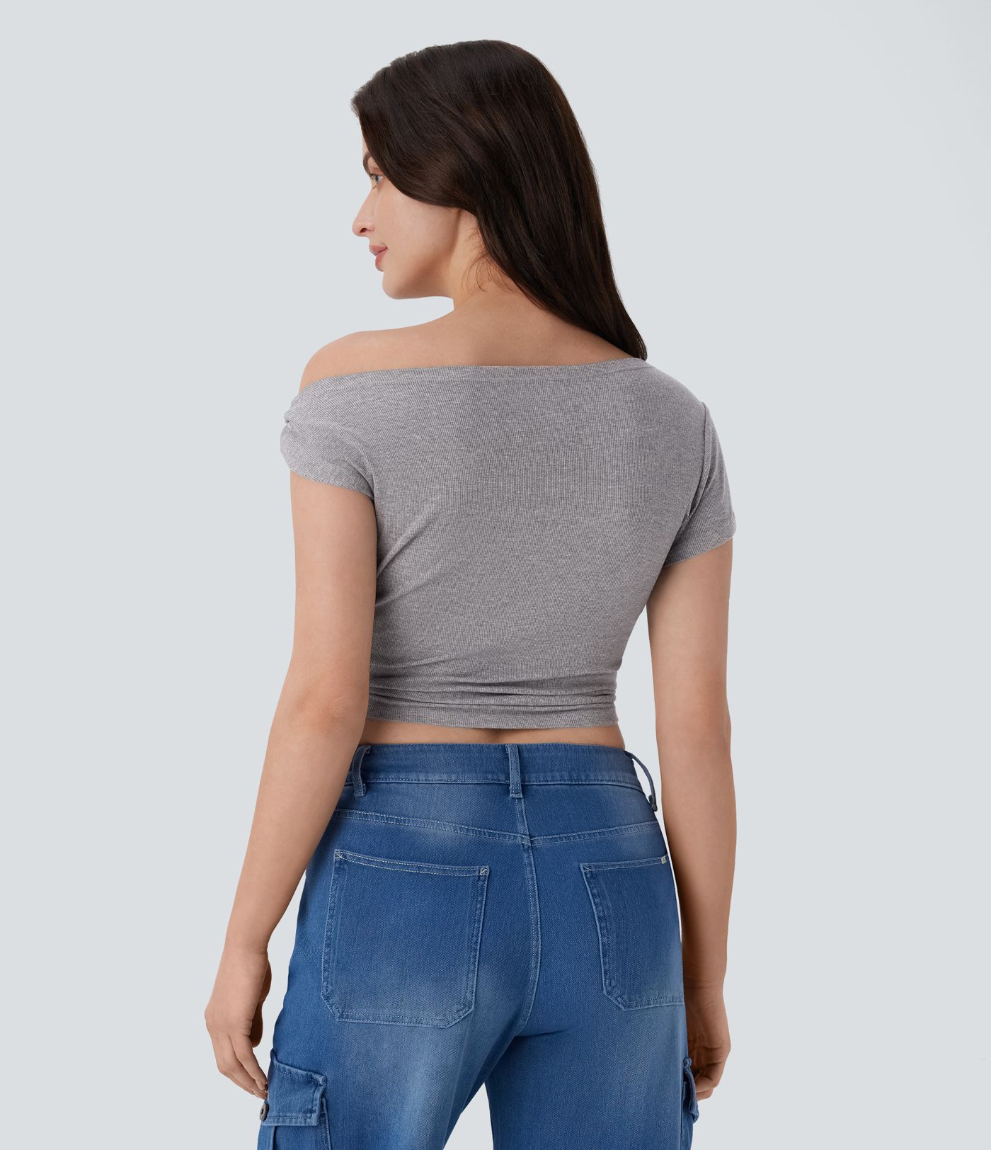 Ribbed Off Shoulder Ruched Cropped Casual Top