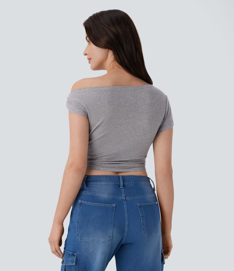 Ribbed Off Shoulder Ruched Cropped Casual Top