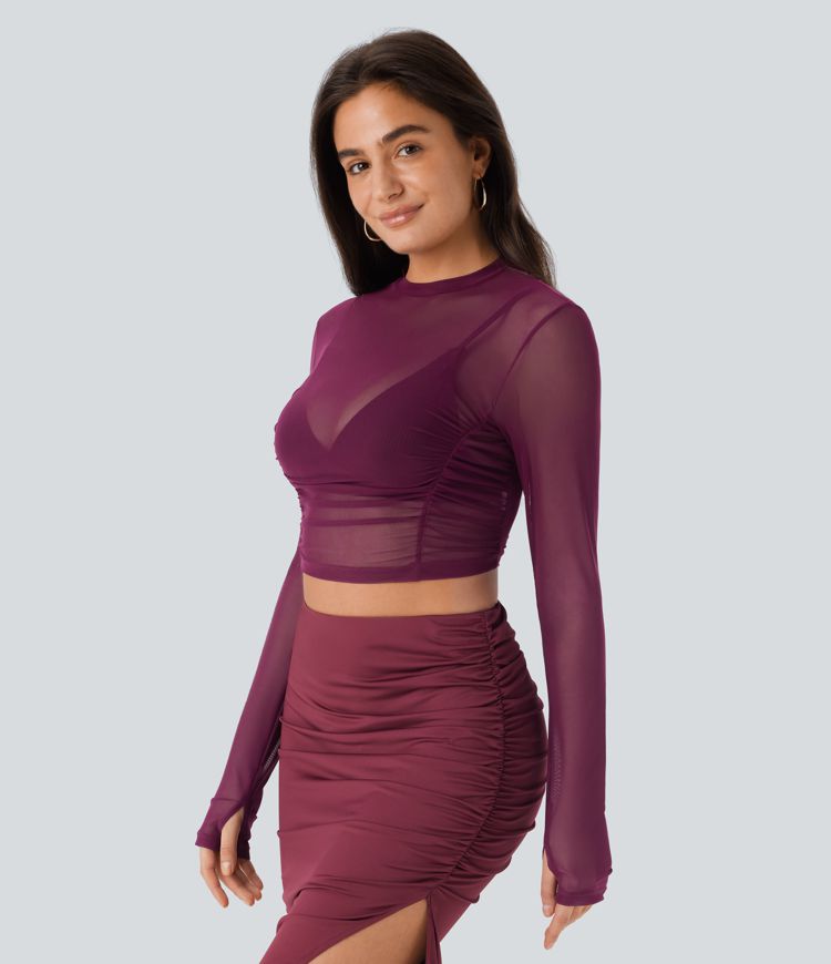 Top fiesta ajustado corto fruncido abertura pulgar manga larga malla transparente