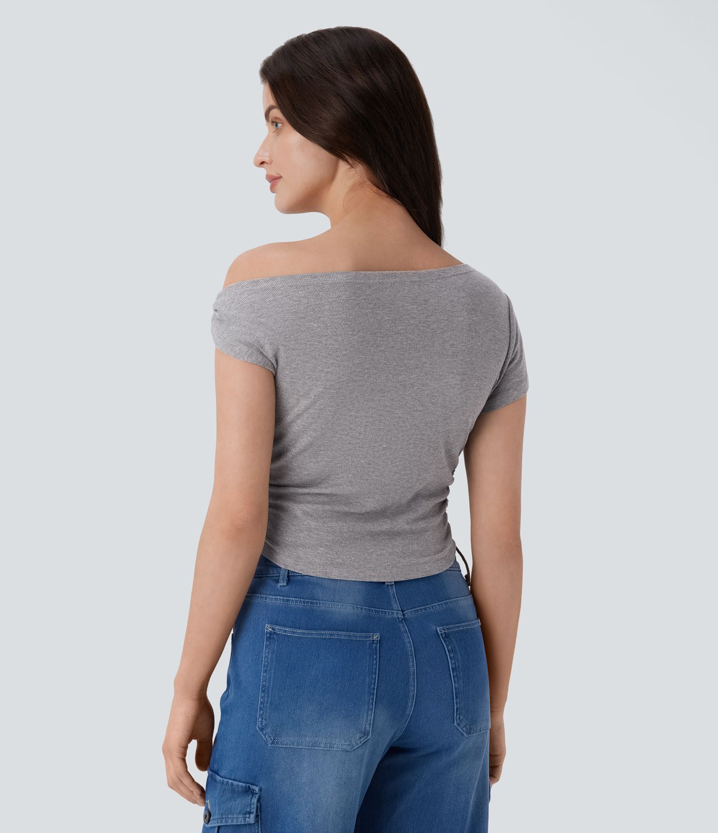 Ribbed Off Shoulder Ruched Cropped Casual Top