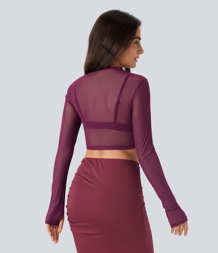 Top fiesta ajustado corto fruncido abertura pulgar manga larga malla transparente