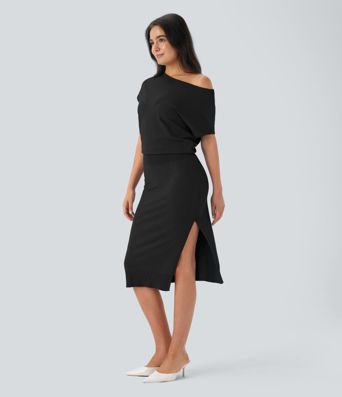 Off Shoulder Short Sleeve Midi Slim Casual Sweater Dress