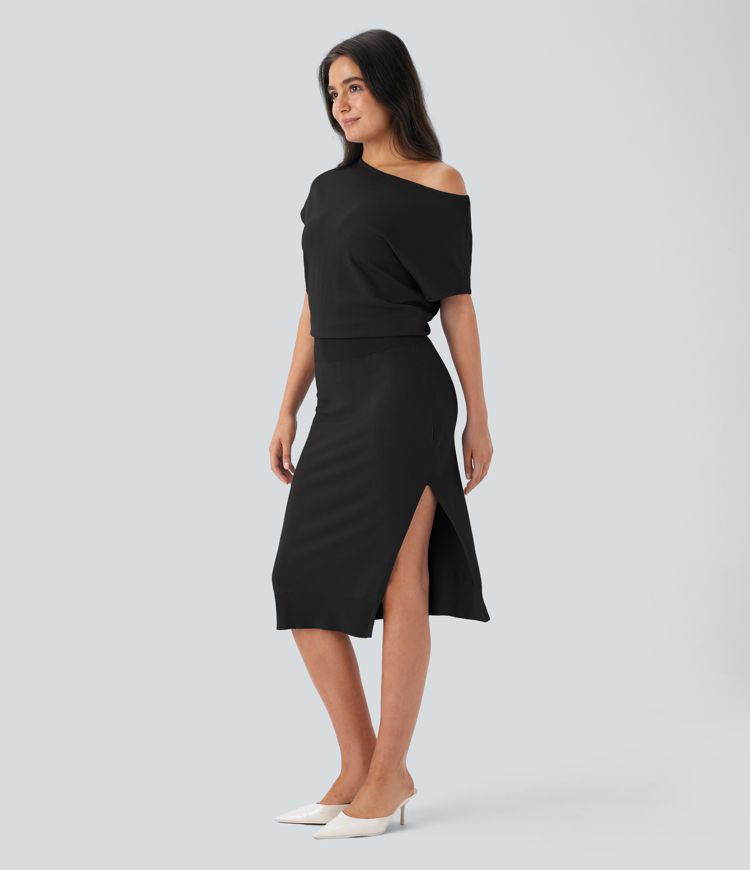 Off Shoulder Short Sleeve Midi Slim Casual Sweater Dress