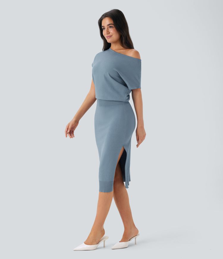 Off Shoulder Short Sleeve Midi Slim Casual Sweater Dress