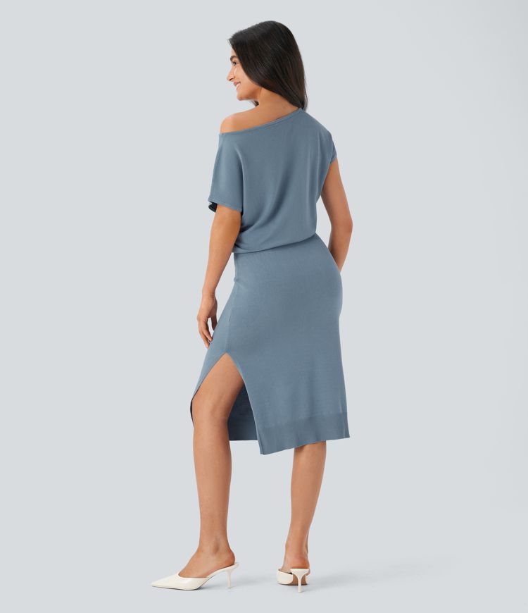 Off Shoulder Short Sleeve Midi Slim Casual Sweater Dress