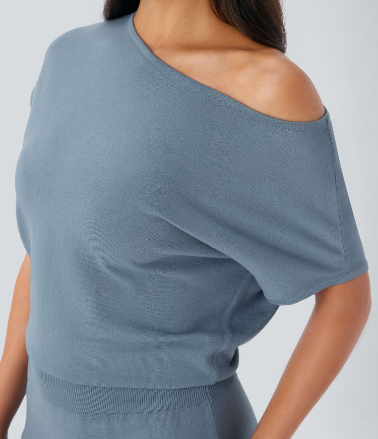 Off Shoulder Short Sleeve Midi Slim Casual Sweater Dress