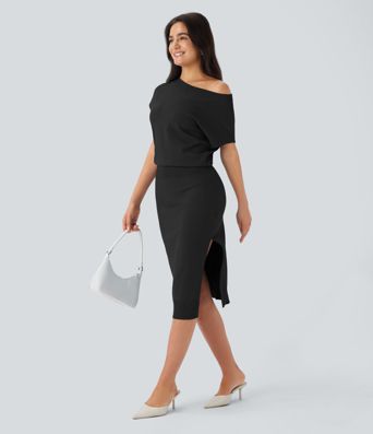 Off Shoulder Short Sleeve Midi Slim Casual Sweater Dress