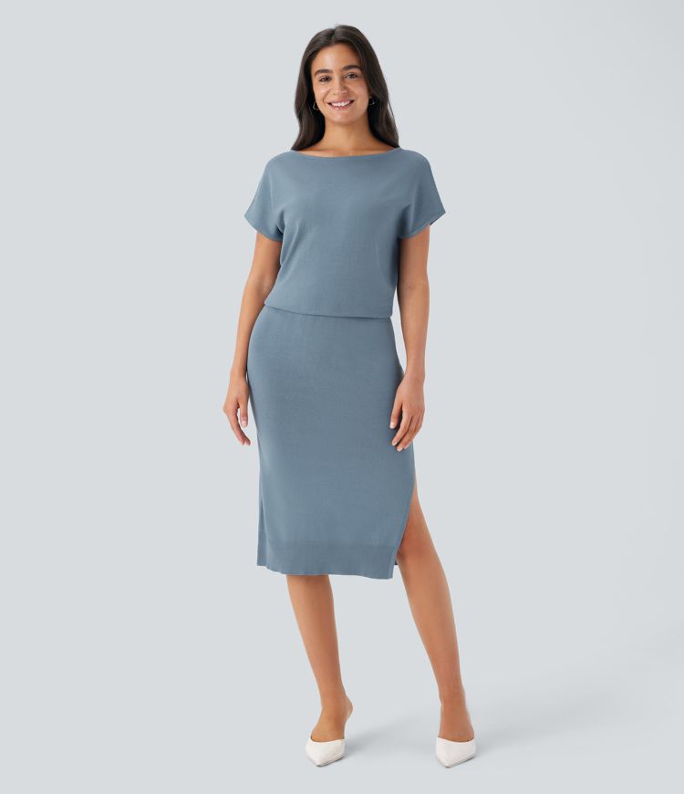 Off Shoulder Short Sleeve Midi Slim Casual Sweater Dress