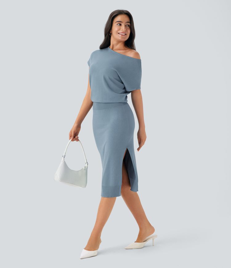 Off Shoulder Short Sleeve Midi Slim Casual Sweater Dress