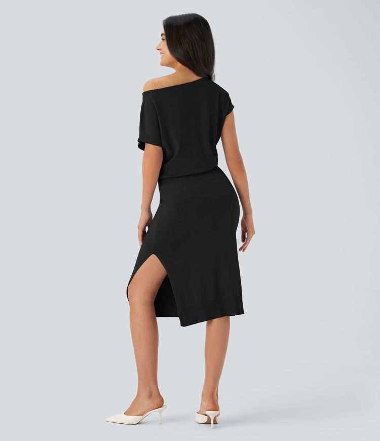 Off Shoulder Short Sleeve Midi Slim Casual Sweater Dress