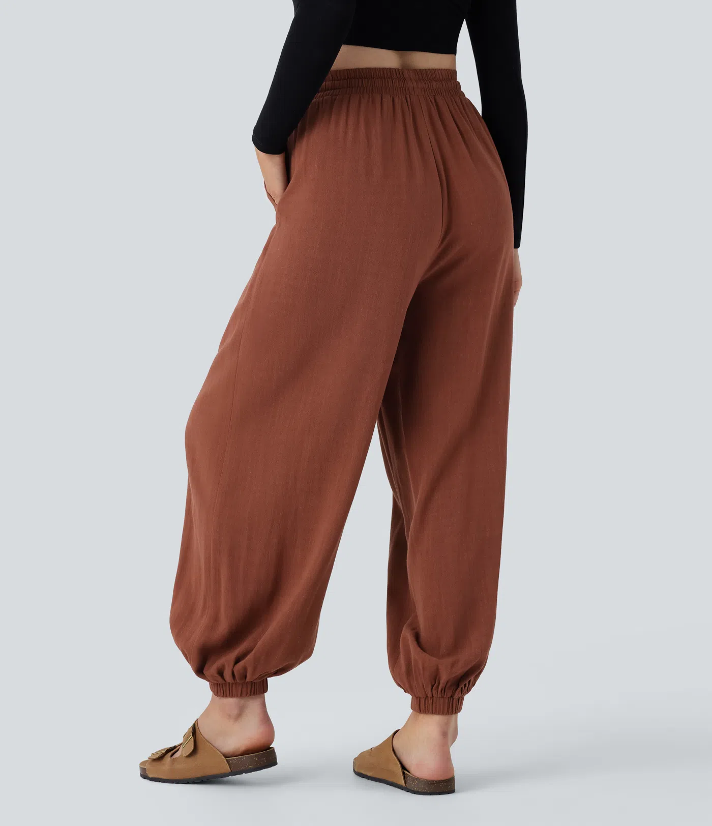 High Waisted Shirred Drawstring Side Pocket Draped Linen-Blend Casual Joggers