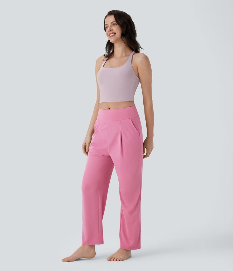 Mid Rise Side Pocket Straight Leg Waffle Yoga Trousers
