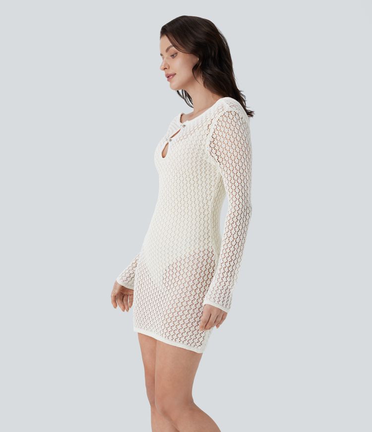 Long Sleeve Slim Mini Hollow Out Linen-Feel Dress