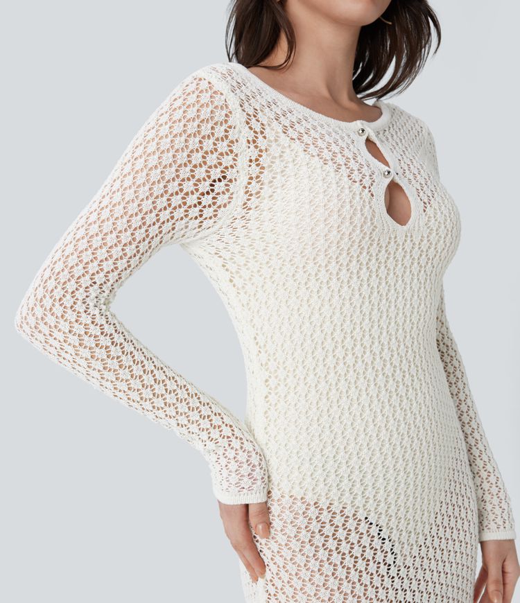 Long Sleeve Slim Mini Hollow Out Linen-Feel Dress