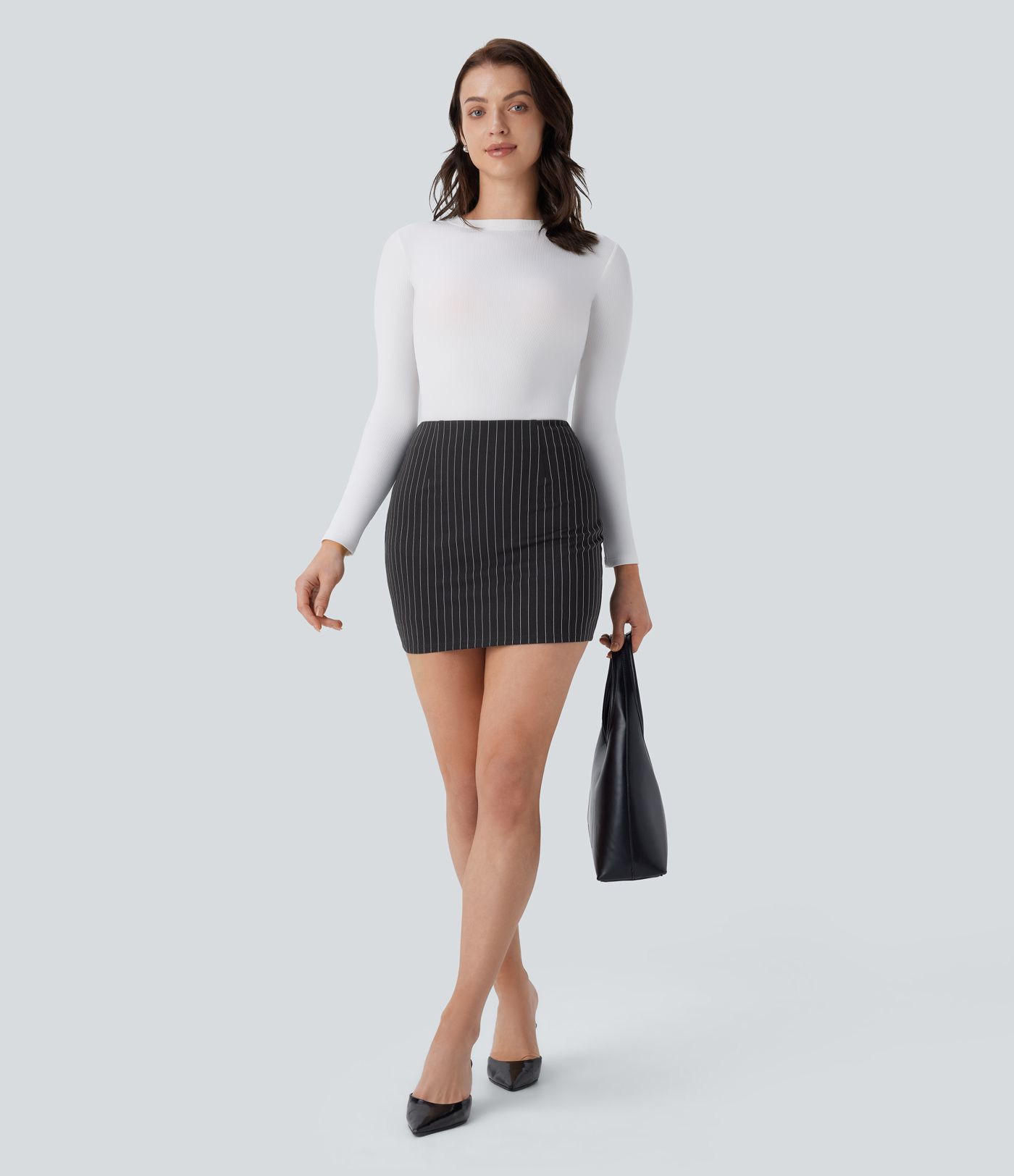 High Waisted 2-in-1 Bodycon Cool Touch Stripe Mini Work Skirt