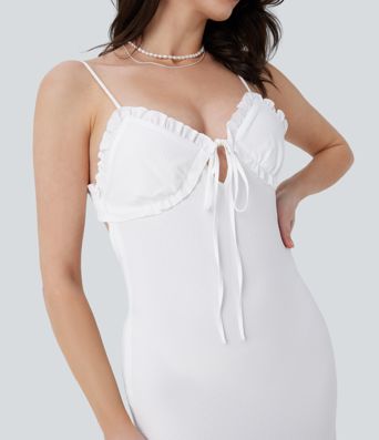 Vestido camisero resort media pierna sin espalda tirante ajustable volante cordón cremallera invisible