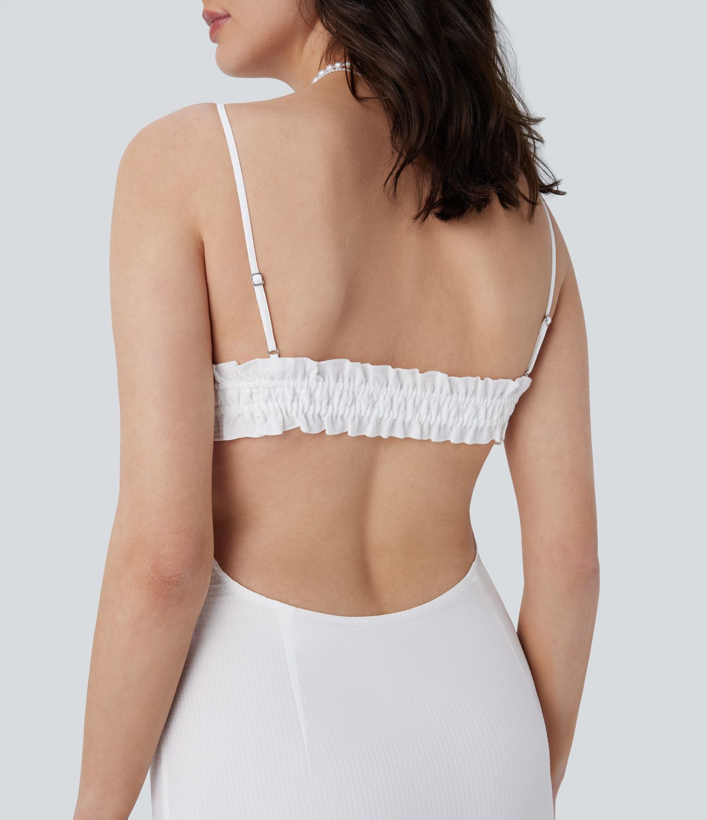 Vestido camisero resort media pierna sin espalda tirante ajustable volante cordón cremallera invisible