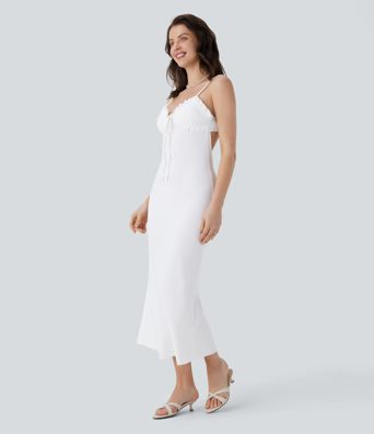 Vestido camisero resort media pierna sin espalda tirante ajustable volante cordón cremallera invisible