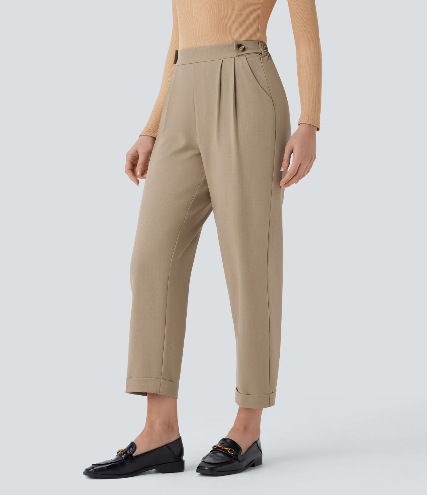 Pantalón oficina tiro alto ajustado bolsillo lateral botón cremallera invisible