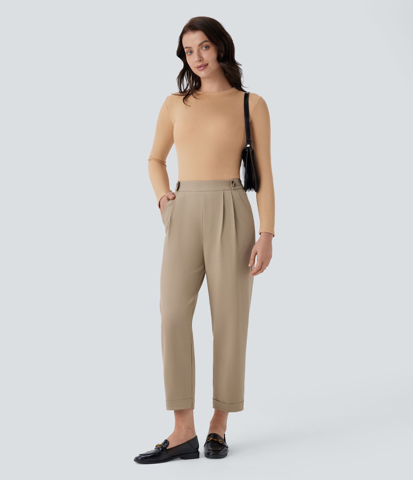 Pantalón oficina tiro alto ajustado bolsillo lateral botón cremallera invisible