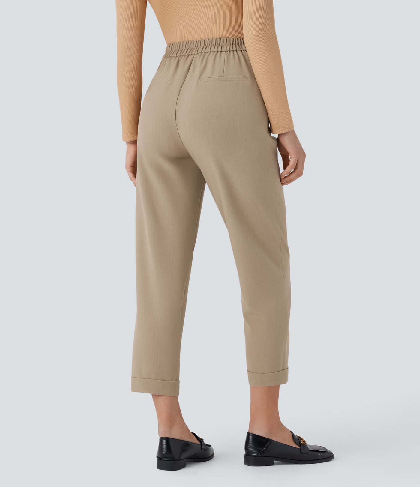 Pantalón oficina tiro alto ajustado bolsillo lateral botón cremallera invisible