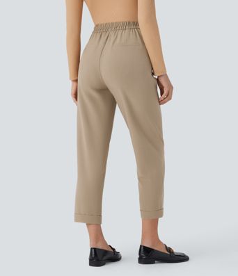 Pantalón oficina tiro alto ajustado bolsillo lateral botón cremallera invisible