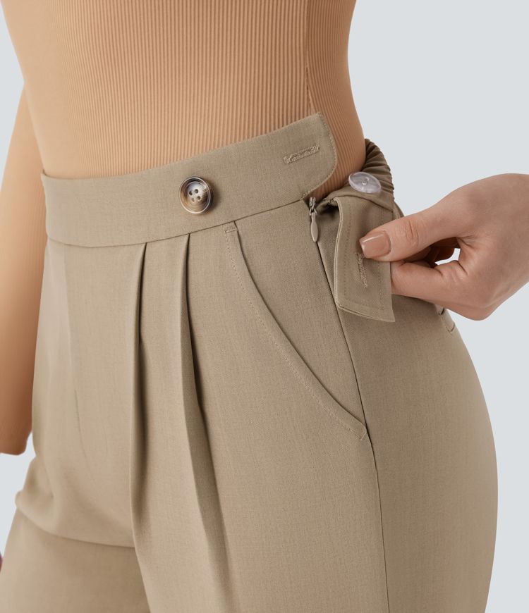 Pantalón oficina tiro alto ajustado bolsillo lateral botón cremallera invisible