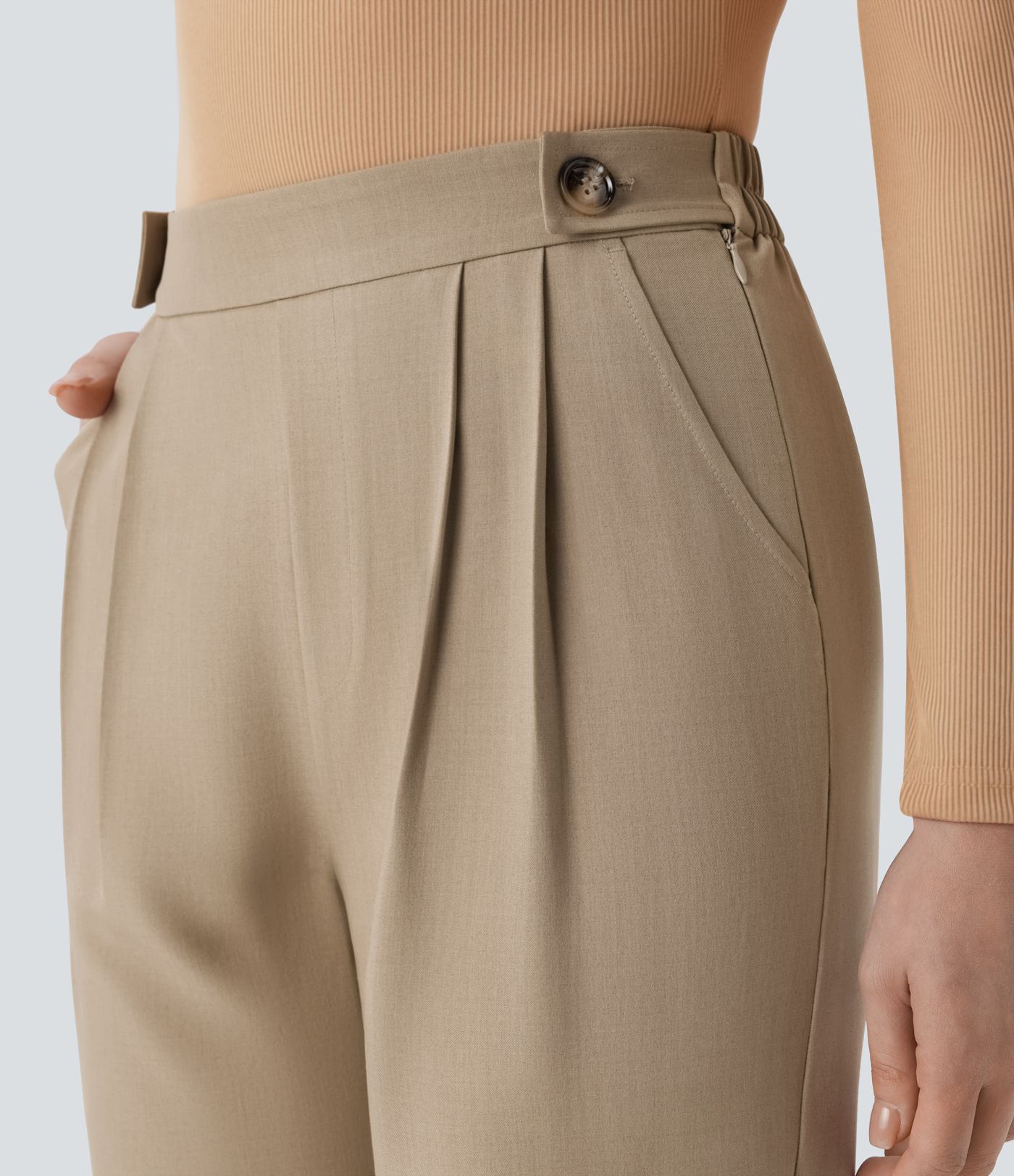 Pantalón oficina tiro alto ajustado bolsillo lateral botón cremallera invisible