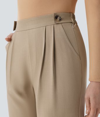 Pantalón oficina tiro alto ajustado bolsillo lateral botón cremallera invisible