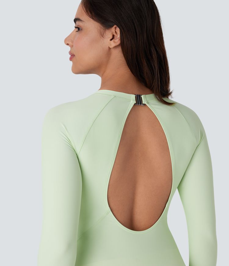 Backless Buckle Contrast Perforated One Piece Swimsuit