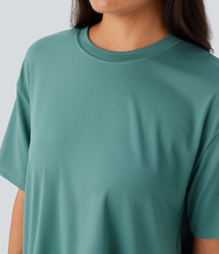 Blusa cuello redondo manga corta dobladillo asimétrico alto bajo