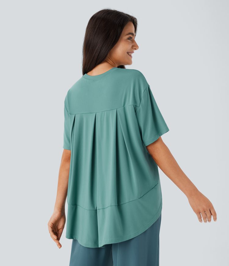 Blusa cuello redondo manga corta dobladillo asimétrico alto bajo