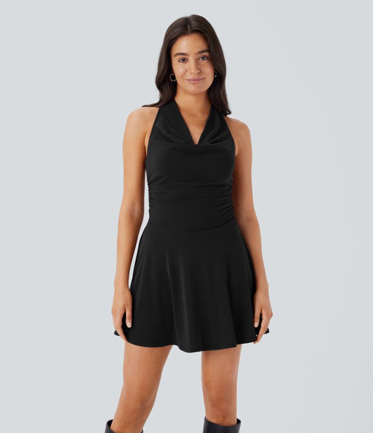 Halter Cowl Neck Ruched 2-in-1 Micro Dress