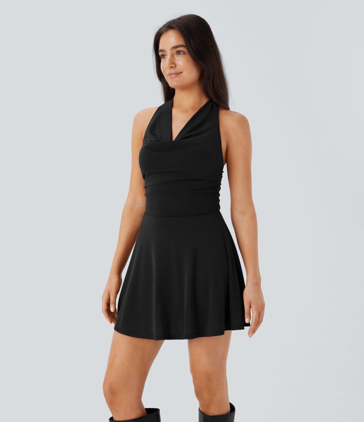 Halter Cowl Neck Ruched 2-in-1 Micro Dress
