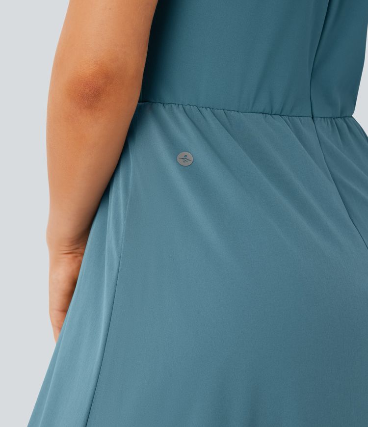 Mono Breezeful™ holgado secado rápido pierna ancha bolsillo lateral cremallera invisible cuello halter