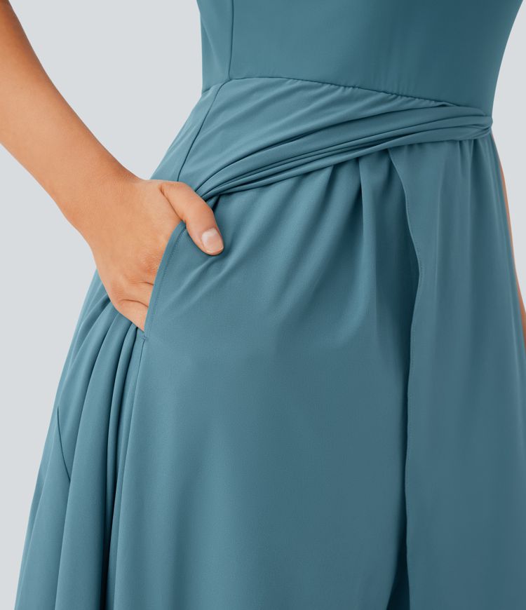 Mono Breezeful™ holgado secado rápido pierna ancha bolsillo lateral cremallera invisible cuello halter