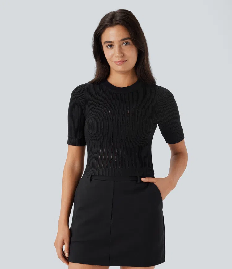 Round Neck Short Sleeve Cut Out Work Sweater